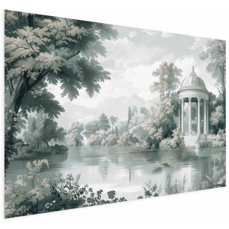 Affiche - Paysage avec un parc et un lac dans des tons verts rétro (1/4)