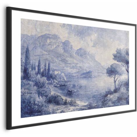 Affiche - Baie Bleue - Paysage italien du lac de Côme peint à l'encre bleue (1/4)