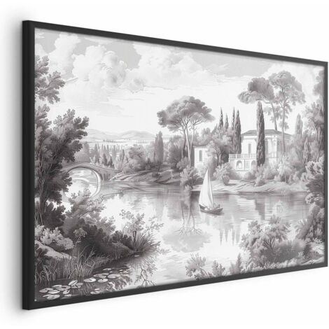 Affiche - Paysage vintage en noir et blanc avec un étang (1/4)