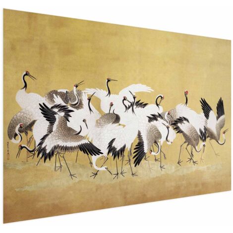 Affiche - Grues japonaises - un vol d'oiseaux sur fond doré, d'après une peinture d'Ishida Yūtei (1/4)