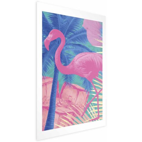 Affiche - Flamant rose - Flamant rose abstrait sur fond de palmiers et de glaçons (1/4)
