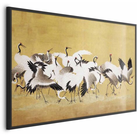 Affiche - Grues japonaises - un vol d'oiseaux sur fond doré, d'après une peinture d'Ishida Yūtei (1/4)