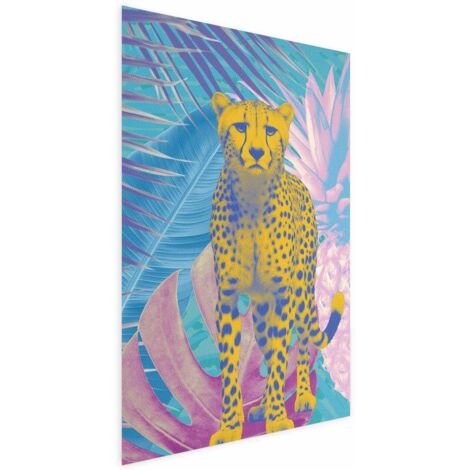 Affiche Léopard exotique - Portrait coloré d'un guépard sur fond de feuilles tropicales (1/4)