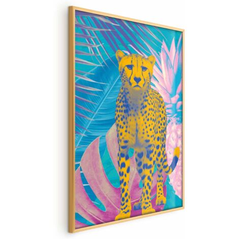 Affiche Léopard exotique - Portrait coloré d'un guépard sur fond de feuilles tropicales (1/4)