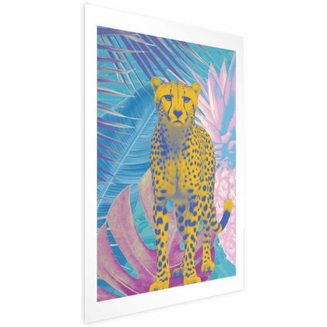Affiche Léopard exotique - Portrait coloré d'un guépard sur fond de feuilles tropicales (1/4)