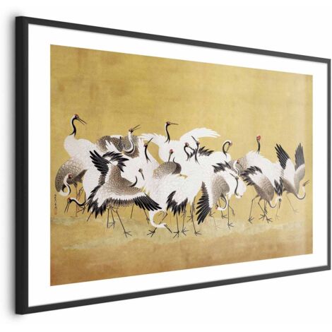 Affiche - Grues japonaises - un vol d'oiseaux sur fond doré, d'après une peinture d'Ishida Yūtei (1/4)