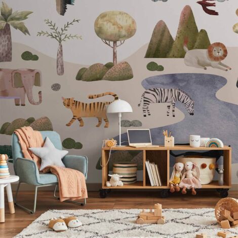 Papier peint photo - Afrique pour les tout-petits - animaux de la savane aux couleurs pastel (1/5)