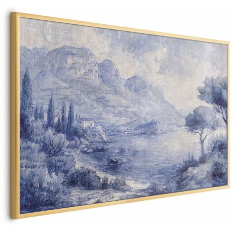 Affiche - Baie Bleue - Paysage italien du lac de Côme peint à l'encre bleue (1/4)