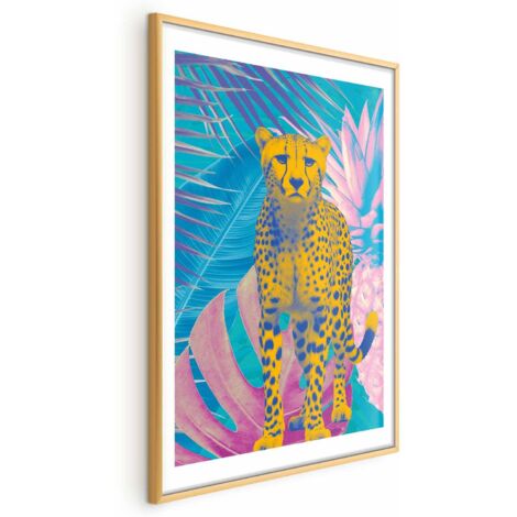 Affiche Léopard exotique - Portrait coloré d'un guépard sur fond de feuilles tropicales (1/4)