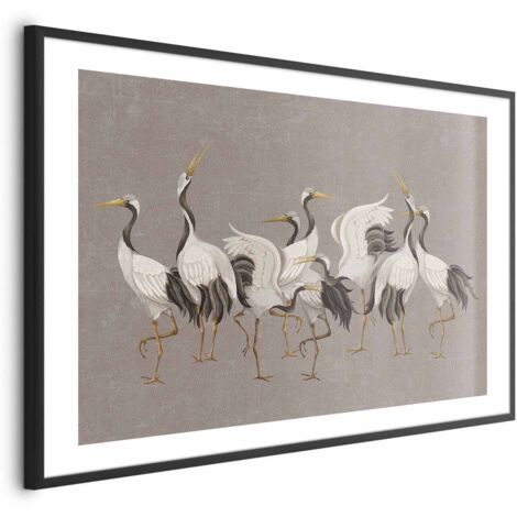 Affiche - La Danse des Grues - silhouettes lumineuses d'oiseaux sur un fond texturé gris chaud (1/4)