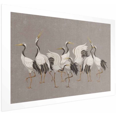 Affiche - La Danse des Grues - silhouettes lumineuses d'oiseaux sur un fond texturé gris chaud (1/4)