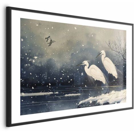 Affiche - Hérons au bord de l'étang d'hiver - Illustration de style japonais aux couleurs sombres (1/4)