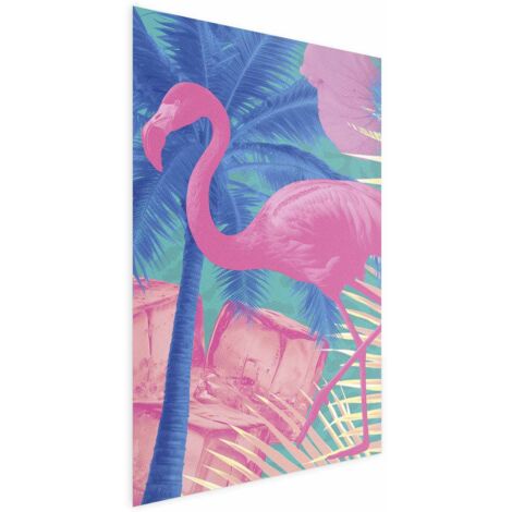 Affiche - Flamant rose - Flamant rose abstrait sur fond de palmiers et de glaçons (1/4)