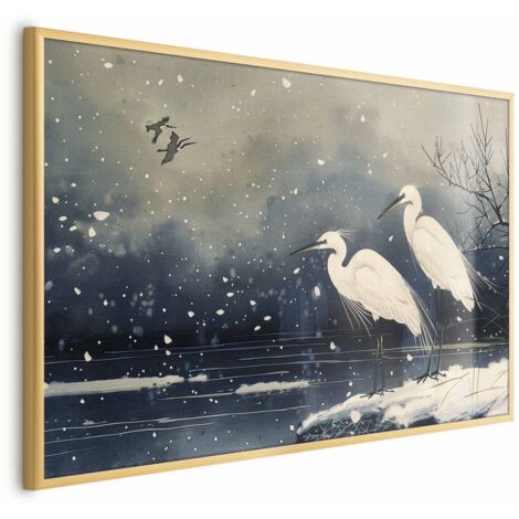 Affiche - Hérons au bord de l'étang d'hiver - Illustration de style japonais aux couleurs sombres (1/4)