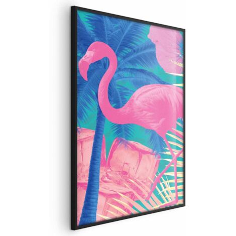 Affiche - Flamant rose - Flamant rose abstrait sur fond de palmiers et de glaçons (1/4)