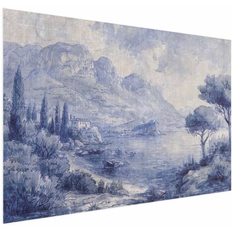 Affiche - Baie Bleue - Paysage italien du lac de Côme peint à l'encre bleue (1/4)