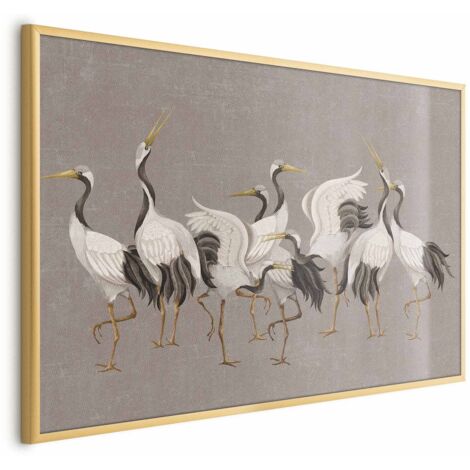 Affiche - La Danse des Grues - silhouettes lumineuses d'oiseaux sur un fond texturé gris chaud (1/4)
