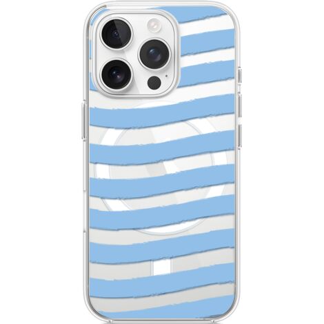 Coque iPhone 15 Pro avec MagSafe, transparente, silicone flexible, rayures bleues (1/5)