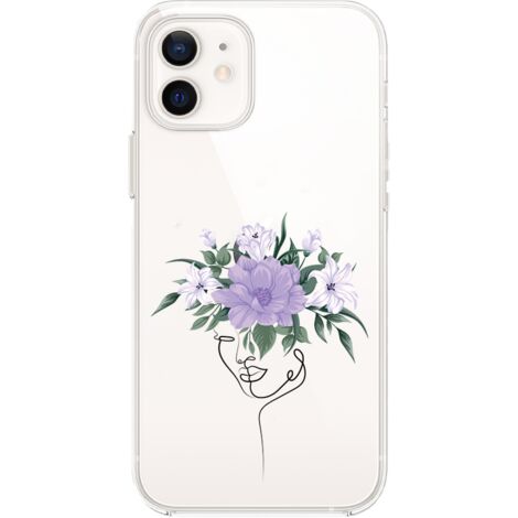 Coque iPhone 12, transparente, silicone Flexi, femme avec fleurs (1/5)