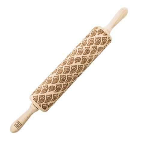 Rouleau à pâtisserie en bois gravé MoodForWood, 43 cm, avec poignées, idéal pour la pâtisserie - Motif hibou (1/5)