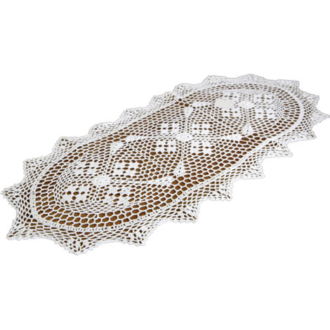 Chemin de table ovale au crochet blanc 40x85 cm, napperon en fil blanc pour table basse ou commode (1/5)