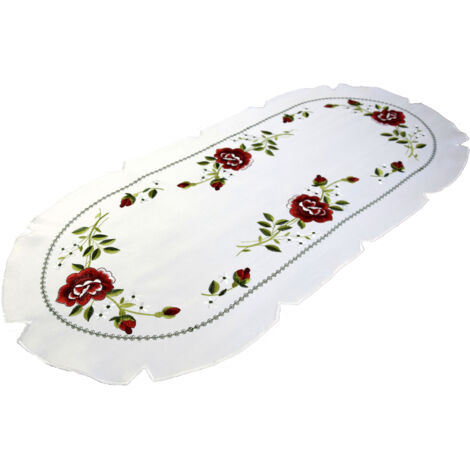 Chemin de table ovale brodé 40/85 en satin blanc, broderie rose rouge (1/5)