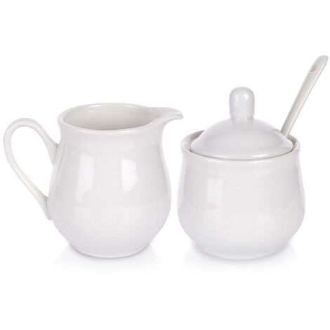 SUCRE AVEC CUILLÈRE ET POT À LAIT, SERVICE EN PORCELAINE BLANCHE (1/5)
