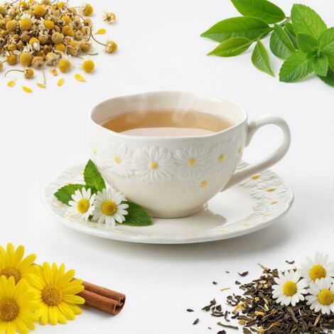 Tasse avec soucoupe 250 ml pour café ou thé, céramique blanche, motif marguerite (1/5)