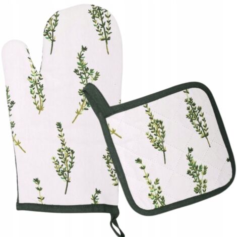 Gant de cuisine textile épais avec coussinet NICOLE 100% coton art. 52397 blanc vert branches de thym (1/3)