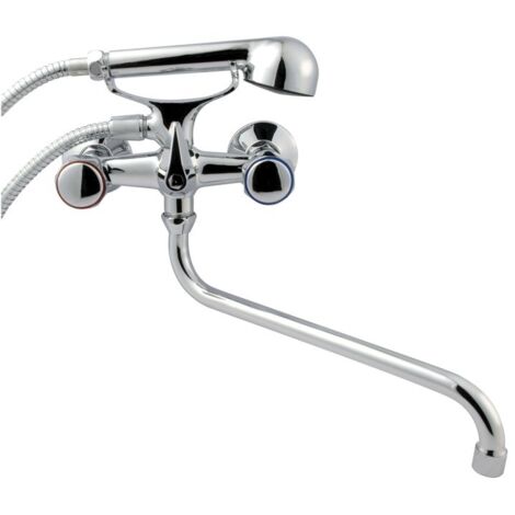 Mitigeur de baignoire mural en laiton chromé – Bec rotatif 30 cm – Fixation à vis – Longueur tuyau douche 150 cm – Invena (1/2)