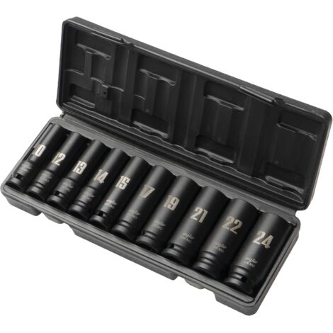 Jeu de 10 douilles à choc longues 1/2 pouce, 6 pans, 10-24 mm (1/3)