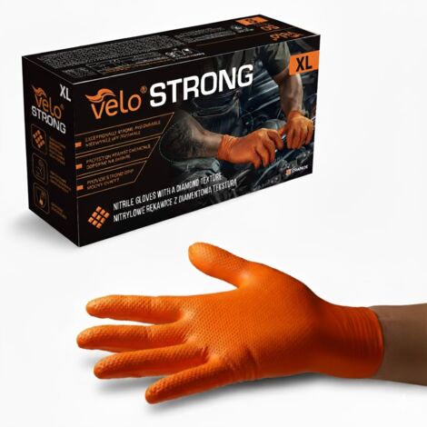 Gants VELO "XL" STRONG - Nitrile à texture diamant, orange STRONG, paquet de 50 (1/3)