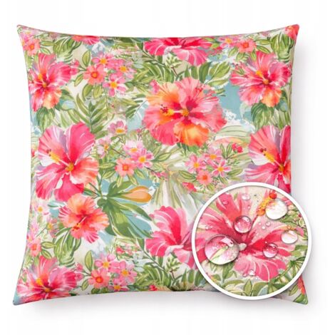 Coussin décoratif de jardin imperméable et résistant aux UV, motif fleurs roses, 40 x 40 cm + garniture (1/4)