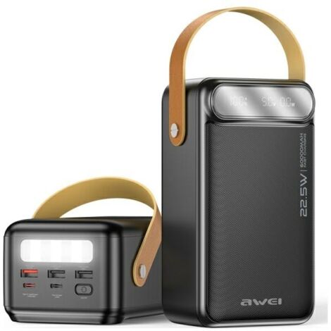 Batterie externe AWEI P101K 60 000 mAh - 22,5 W, noire, lampe torche, 5 ports, charge rapide (1/2)