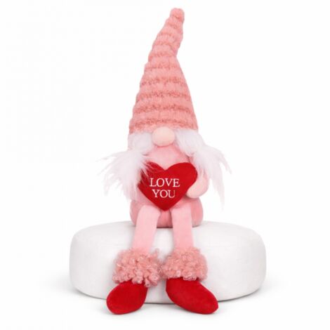 Nain de la Saint-Valentin, figurine assise rose duveteux avec un cœur « Je t’aime » KSN64 (1/3)