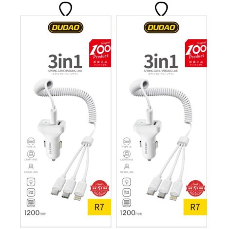 Chargeur de voiture Dudao : 2 ports USB 2,4 A + câble USB 3 en 1 Lightning / Type C / micro USB blanc (R7 blanc)