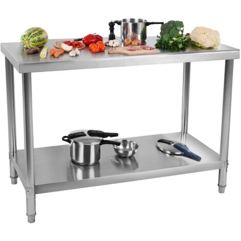 Table de cuisine, plan de travail en acier inoxydable, étagère inférieure, 120 x 70 cm (1/7)