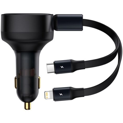 Chargeur voiture 2 en 1 USB-C + iPhone Lightning avec câble rétractable 75 cm 30 W - Noir (1/5)