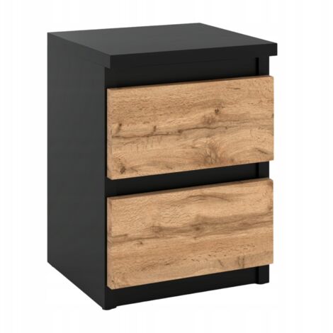 Table de nuit en chêne noir WOTAN 30 cm, 2 tiroirs, table TV pour chambre mansardée