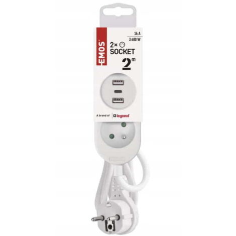 Multiprise blanche 2 prises + 2 ports USB-A + 1 port USB-C, 2 m (1/4)
