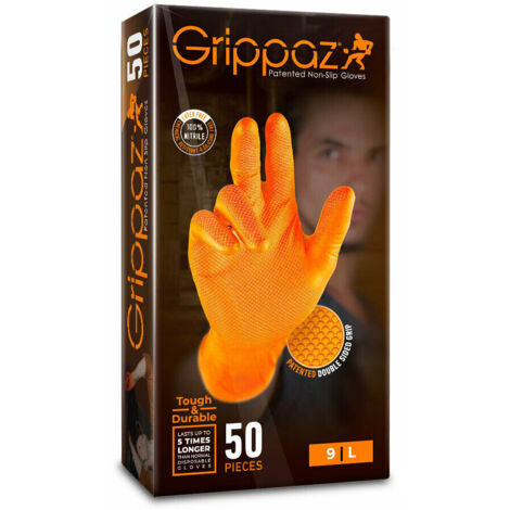 Gants jetables nitrile orange taille L – Adhérence exceptionnelle pour environnements humides – Boîte de 50 gants – Antidérapants et ambidextres – Grippaz - 246OK (1/10)