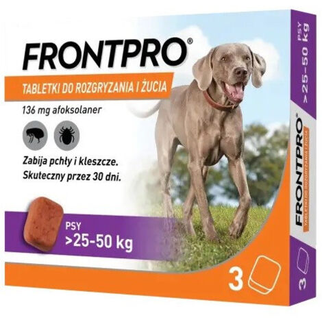 Comprimés FrontPro pour chiens contre les puces et les tiques 25-50 kg, 3 x 136 mg