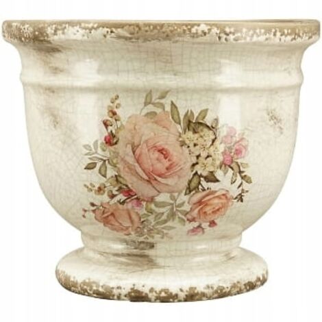 Pot de fleurs en grès Rosae 17,5cm diamètre – Motif de roses – Élégance vintage pour intérieur – Support pour plantes et herbes