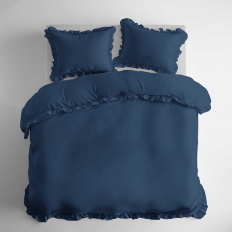 Parure de lit en coton à volants 160x200, 3 pièces, bleu marine denim (1/5)