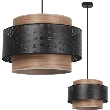 Suspension trio en bois, noir, 1 lampe, abat-jour en placage noyer et maille (1/5)