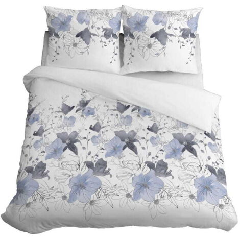 Parure de lit en satin 160x200 cm, motif fleurs bleu clair (1/5)