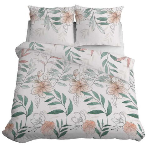 Parure de lit en satin 160x200 cm, motif fleurs et feuilles pastel (1/5)