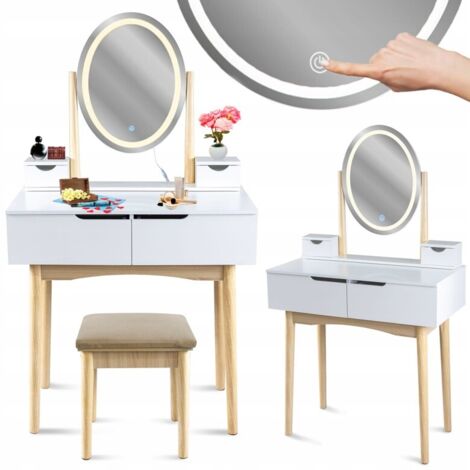 Coiffeuse scandinave blanche avec miroir LED – 4 tiroirs – Plan de travail pratique – Tabouret assorti (1/4)