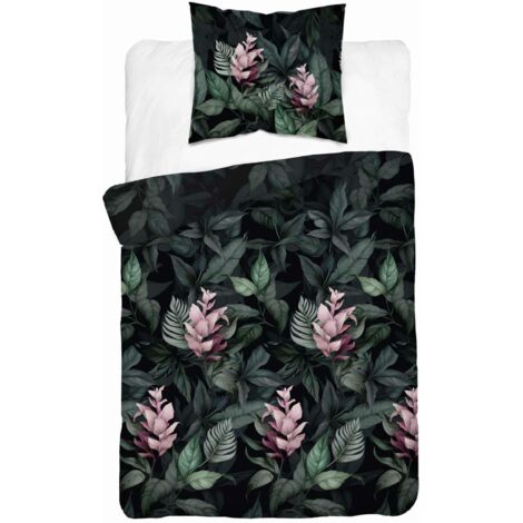 Parure de lit en satin 140x200 cm, motif fleurs vertes (1/5)