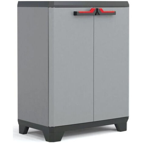 Keter – Armoire basse Stilo – Dimensions 68 x 39 x 90 cm – Couleur gris/noir/rouge – Étagère intérieure réglable – Pour rangement d'atelier